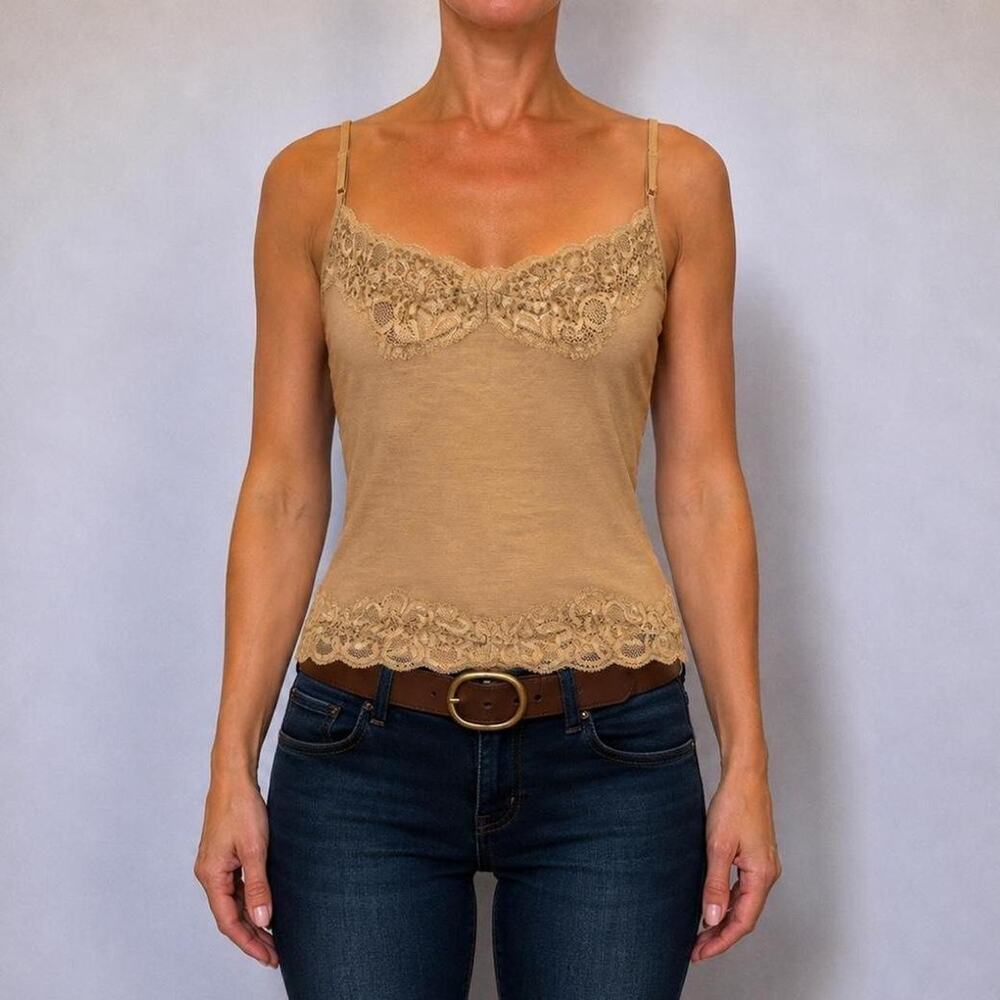 Vintage Y2K WDNY Fairy Grunge Silk Tan Bohemian Lace Fall Camisole Size L